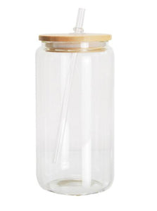 Clear 16 oz Can Glass With Bamboo Lid and Straw BLANK